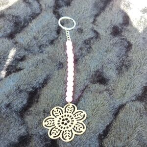 Floral Wooden Keychain with Pink Beads